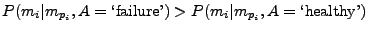 $ P(m_i \vert m_{p_i}, {A = \mbox{\lq failure'}}) > P(m_i\vert m_{p_i}, {A = \mbox{\lq healthy'}})$