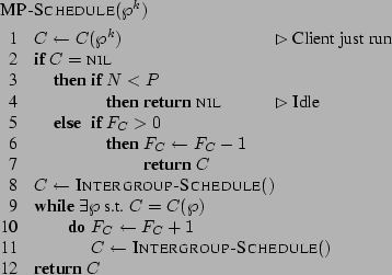 \begin{codebox}
\Procname{$\procdecl{MP-Schedule}(\wp^k)$}
\mi $C \gets C(\wp^k)...
...C \gets \proc{Intergroup-Schedule}()$
\End
\mi \Return $C$
\End
\end{codebox}