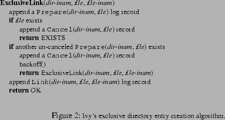 \begin{figure}\begin{small}
\begin{tabbing}
=X\=X\=X\=X\=X\=X\=X\=\kill
\par
{\b...
...ll}\mycaption {Ivy's exclusive directory entry creation algorithm.}
\end{figure}