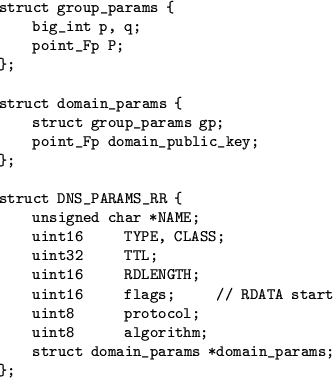 \begin{figure}\begin{verbatim}struct group_params {
big_int p, q;
point_Fp P...
...t8 algorithm;
struct domain_params *domain_params;
};\end{verbatim}\end{figure}