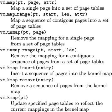 \begin{table}\begin{tabbing}
\hspace{0.25in} \= \kill
{\tt vm\_map(pt, page, att...
...lect the \\
\> current mappings in the kernel map \\
\end{tabbing} \end{table}