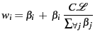 $\displaystyle \vspace*{-0.05in} w_i = \beta_i&nbsp; +&nbsp; \beta_i&nbsp;\frac{C{\cal{L}}}{\sum_{\forall {j}}\beta_{j}}$