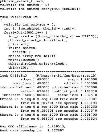 \begin{figure}{\tt\scriptsize {\bfseries
\begin{verbatim}pthread_rwlock_t lock...
...peedup is 1.722697\end{verbatim}
}}\vspace{-0.2in}\vspace{-0.1in}
\end{figure}
