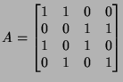 $\displaystyle A=\begin{bmatrix}1 & 1 & 0 & 0\\ 0 & 0 & 1 & 1\\ 1 & 0 & 1 & 0\\ 0 & 1 & 0 & 1\end{bmatrix}$