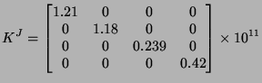 $\displaystyle K^J=\begin{bmatrix}1.21 & 0 & 0 & 0\\ 0 & 1.18 & 0 & 0\\ 0 & 0 & 0.239 & 0 \\ 0 & 0 & 0 & 0.42\end{bmatrix}\times 10^{11}$