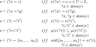 &nu; ⊢(?x= c)        iff &nu;(?x)= c,c &isin;U &cup; L,
                           ?x&isin; dom (&nu;)
&nu; ⊢(?x=?y)        iff &nu;(?x)= &nu;(?y),
         &prime;                 ?x,?y &isin;&prime;dom (&nu;)
&nu; ⊢(?i=?i)        iff &nu;(?i) =?&nu;i,(??i&prime;i &isin;),dom(&nu;)
&nu; ⊢(?i⋖?i&prime;)        iff &mu;(&nu;(?i))&sube; &mu;(&nu;(?i&prime;)),
                           ?i,?i&prime; &isin; dom(&nu;)
&nu; ⊢(?i= {n1,...nk}) iff sid({n1,...,nk})= &nu;(?i),
                           ?i&isin;dom (&nu;)
   
