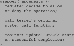 \begin{figure}\begin{center}
\begin{verbatim}wrapper( arguments ){
Mediate: d...
...LOMAC's state
on successful completion;
}\end{verbatim}\end{center}\end{figure}