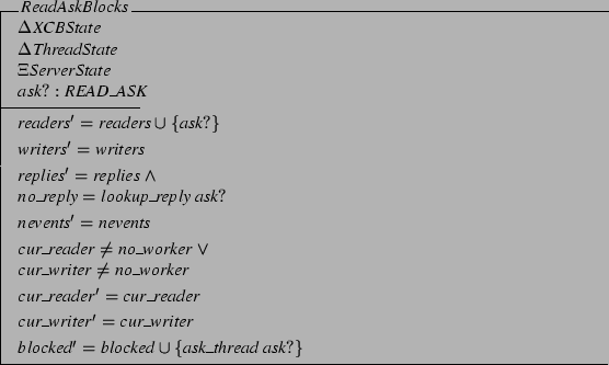 \begin{schema}{ReadAskBlocks}
\Delta XCBState \\
\Delta ThreadState \\
\Xi ...
... cur\_writer
\also
blocked' = blocked \cup
\{ ask\_thread ask? \}
\end{schema}