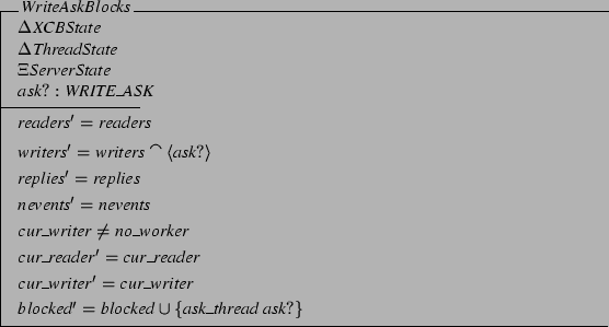 \begin{schema}{WriteAskBlocks}
\Delta XCBState \\
\Delta ThreadState \\
\Xi...
... cur\_writer
\also
blocked' = blocked \cup
\{ ask\_thread ask? \}
\end{schema}