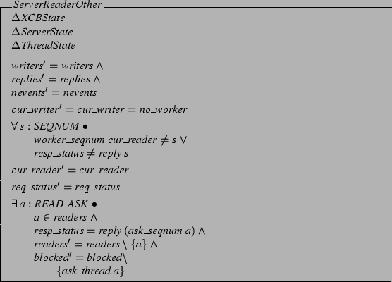 \begin{schema}{ServerReaderOther}
\Delta XCBState \\
\Delta ServerState \\
...
... \\
\t1 blocked' = blocked \setminus \\
\t2 \{ ask\_thread a \}
\end{schema}