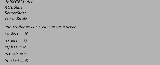 \begin{schema}{InitXCBModel}
XCBState \\
ServerState \\
ThreadState
\where
...
...
replies = \emptyset
\also
nevents = 0
\also
blocked = \emptyset
\end{schema}