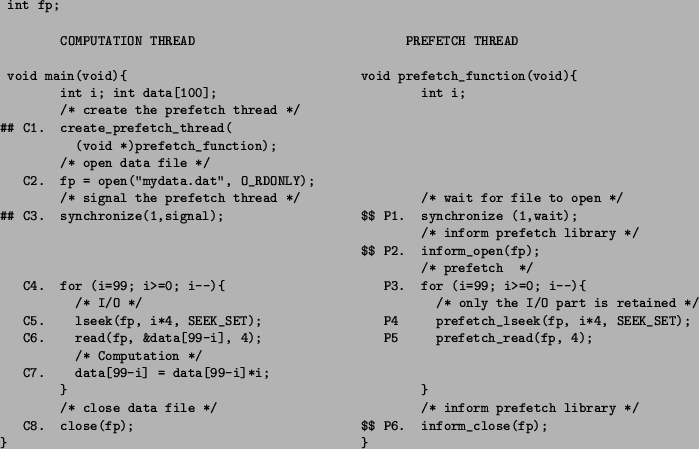 \begin{figure*}\small\begin{verbatim}int fp;COMPUTATION THREAD PREFETCH TH...
...P6. inform_close(fp);
} }\end{verbatim}\normalsize\vspace*{-0.3in}
\end{figure*}