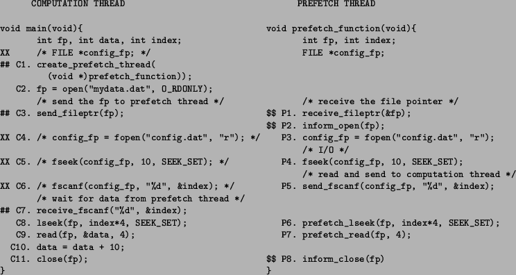 \begin{figure*}\small\begin{verbatim}COMPUTATION THREAD PREFETCH THREADvoi...
...11. close(fp); $$ P8. inform_close(fp)
} }\end{verbatim}\normalsize\end{figure*}