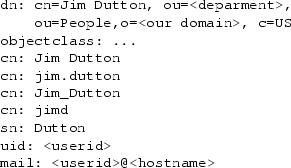 \begin{figure}
{\small\begin{verbatim}dn: cn=Jim Dutton, ou=<deparment>,
ou=...
...<userid>
mail: <userid>@<hostname>\end{verbatim}}
\vspace{-0.20in}
\end{figure}
