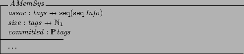\begin{schema}{AMemSys}
assoc : tags \pfun \seq(\seq Info) \\
size : tags \pfun \nat_1 \\
committed : \power tags \\
\where
\dots
\end{schema}