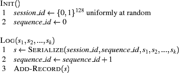 \begin{figure}
% latex2html id marker 126
\begin{algorithm}{Init}{}
session\_id...
...ce\_id \= sequence\_id + 1\\
\CALL{Add-Record}(s)
\end{algorithm}
\end{figure}