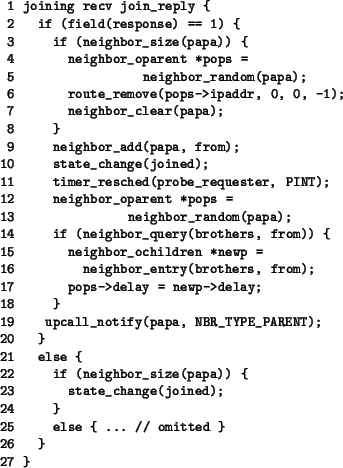 \begin{figure}{\small\begin{verbatim}1 joining recv join_reply {
2 if (field...
...e(joined);
24 }
25 else { ... // omitted }
26 }
27 }\end{verbatim}}
\end{figure}