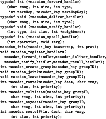 \begin{figure}{\small\begin{verbatim}typedef int (*macedon_forward_handler)
...
...teIP(int dest, char *msg,
int size, int priority);\end{verbatim}}
\end{figure}