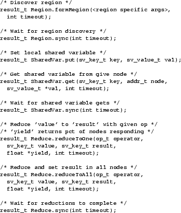 \begin{figure}\begin{center}
\begin{scriptsize}
\begin{verbatim}/* Discover re...
...educe.sync(int timeout);\end{verbatim}
\end{scriptsize}\end{center}
\end{figure}