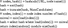 \begin{figure}{
\small
\begin{quote}
$\forall$\ nodes, hash(i) = hashcalc(URL, n...
...eturn index(random() modulo size(hash))
\end{quote}}
\vspace{-.1in}
\end{figure}