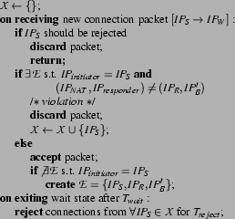 \begin{figure}{\footnotesize\begin{tabbing}
$\mathcal{X} \leftarrow \{\}$;\\
\p...
...$\forall IP_S \in \mathcal{X}$\ for $T_{reject}$;\\
\end{tabbing}}
\end{figure}