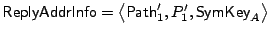 $\displaystyle \mathsf{ReplyAddrInfo} = \left<\mathsf{Path}'_1, P'_1, \mathsf{SymKey}_{A}\right> \cr$