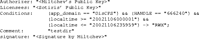 \begin{figure*}
\begin{verbatim}
Authorizer: ''<Miltchev's Public Key\gt''
Licen...
 ... ''testdir''
signature: ''<Signature by Miltchev\gt''\end{verbatim}\end{figure*}